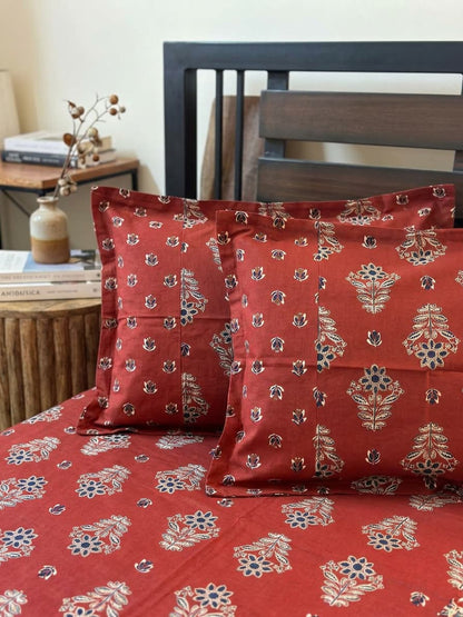 Ajrakh Print Pure Cotton Bedsheet – Rust Red