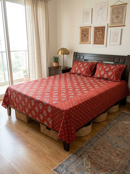Ajrakh Print Pure Cotton Bedsheet – Rust Red