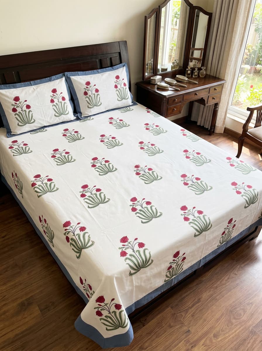 White Floral Printed Percale Cotton Bedsheet – Red & Green