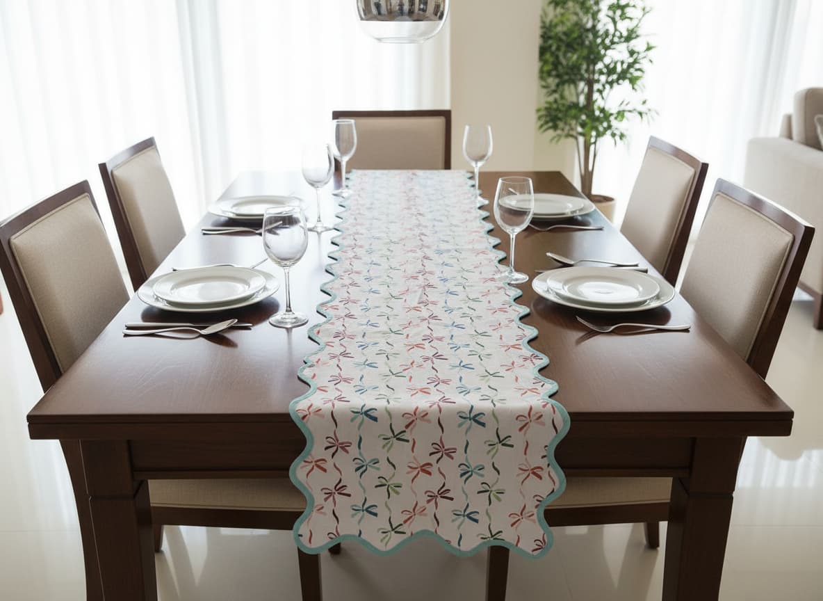 Emenaura Grand Festive Home percale bedsheet set with a luxurious table runner, featuring elegant patterns and soft, crisp fabric.