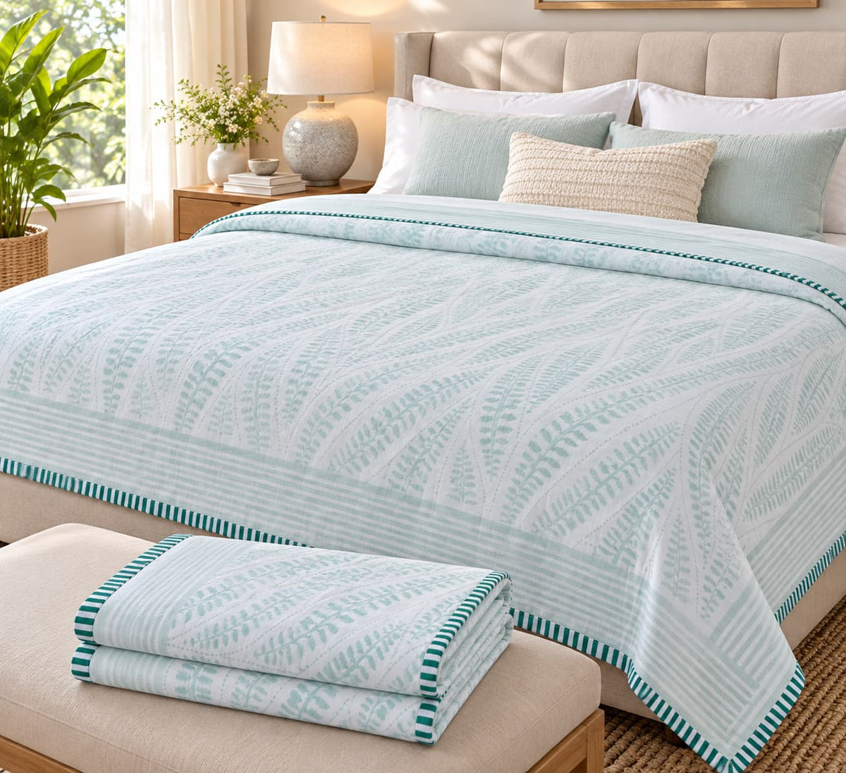 Premium 100% Cotton Voile Dohar – Mint Green Fern Print