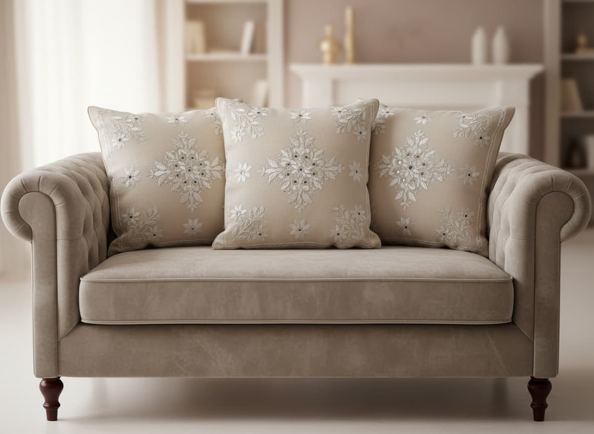 Ivory Bloom Embroidered Cotton Cushion Cover (1 Pc) - Emenaura