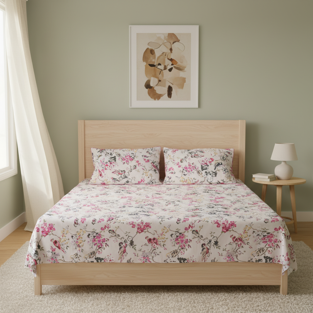 Pink Floral Print Bedsheet- Pure Cotton - Emenaura