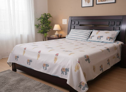Elephant & Floral Motif Block Print Bedsheet - Emenaura