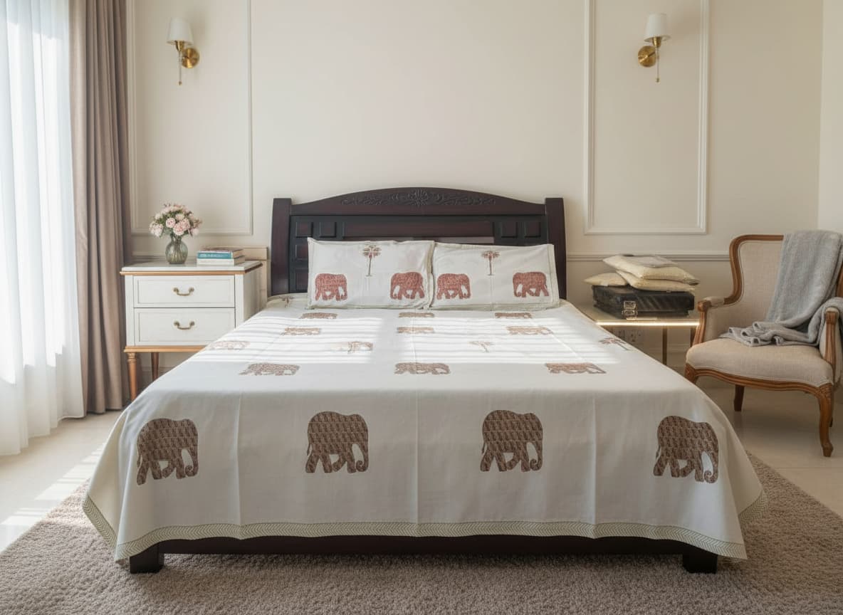 Desert Safari Hand Block Cotton Bedsheet - Emenaura