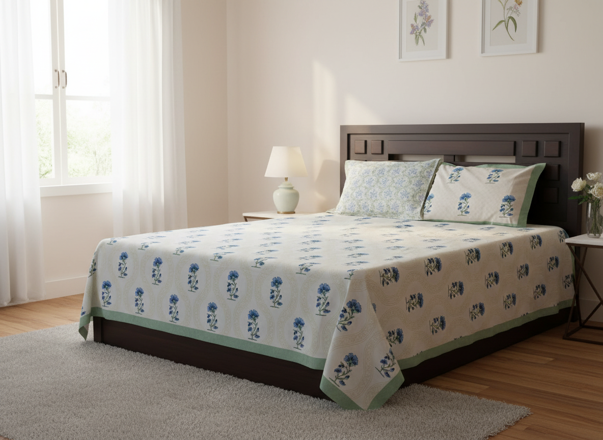 Blue Bloom Hand-Printed Cotton Bedsheet Set with Pillow Covers - Emenaura