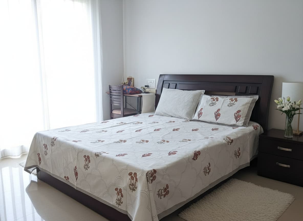 Emenaura festive cotton bedsheet set with one hand-block printed bedsheet and two embroidered cushion covers on a bed.