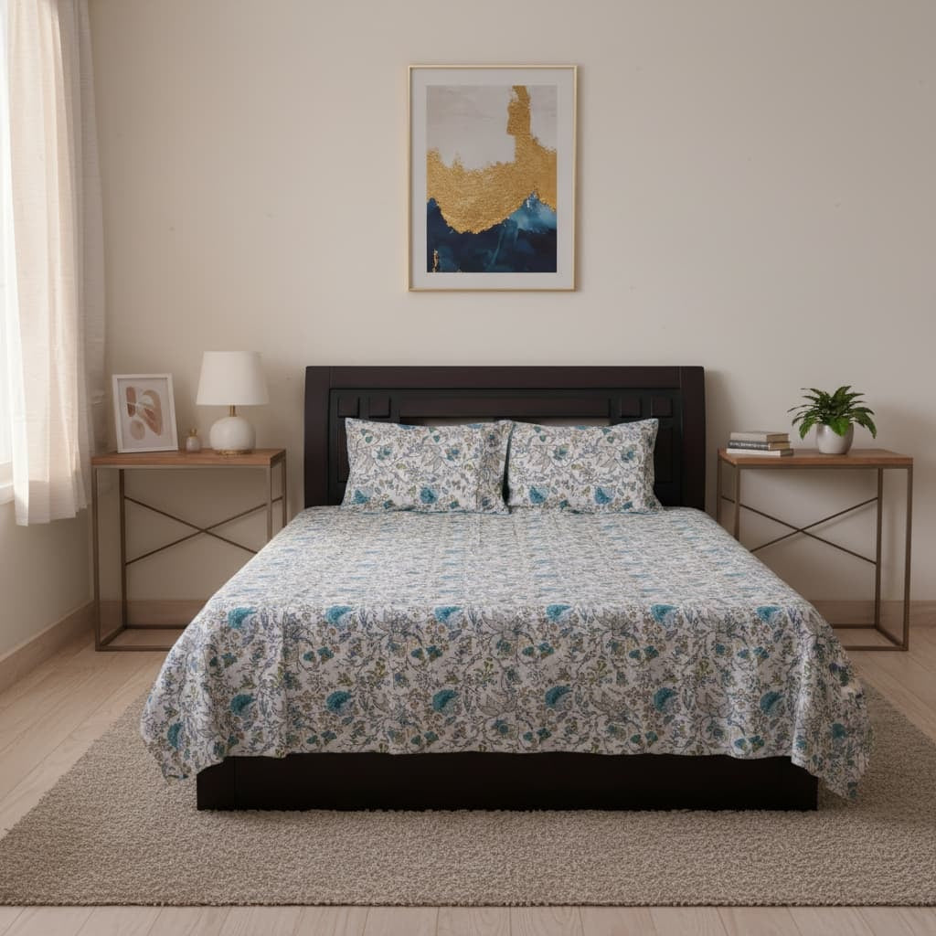 Blue Floral Print Cotton Bedsheet - Emenaura
