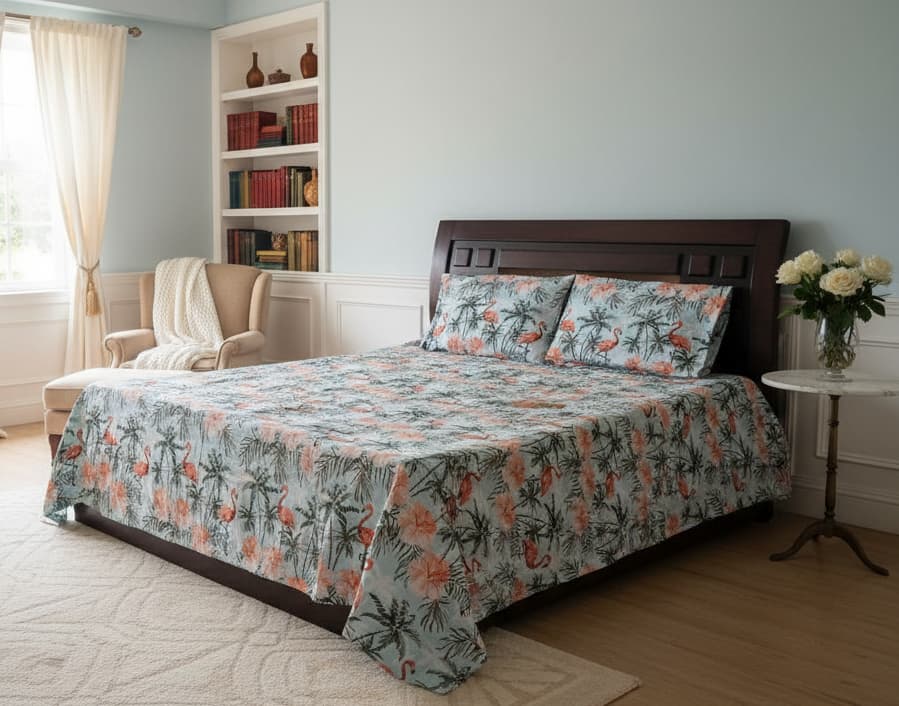 Flamingo Palm Luxe Sateen Bedsheet - Emenaura