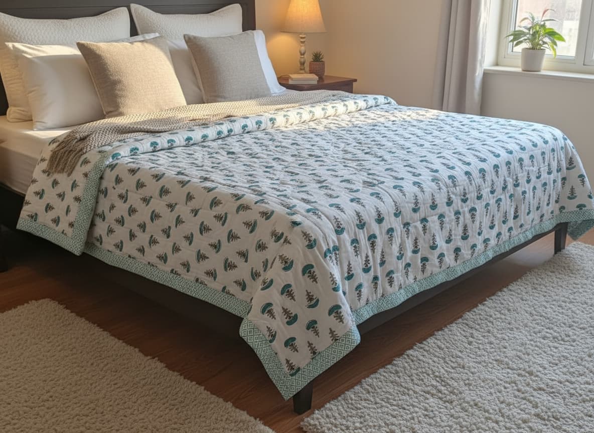 Green & White Jaipuri Print Cotton Quilt - Emenaura