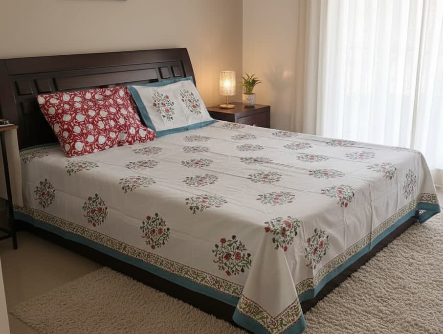 Handblock Print Percale Cotton Bedsheet - Emenaura