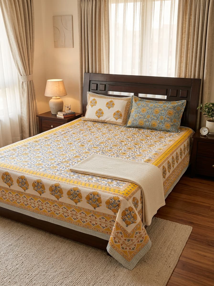 Sunlit Heritage Floral Cotton Bedsheet by Emenaura spread out showing vibrant floral pattern and soft cotton texture.