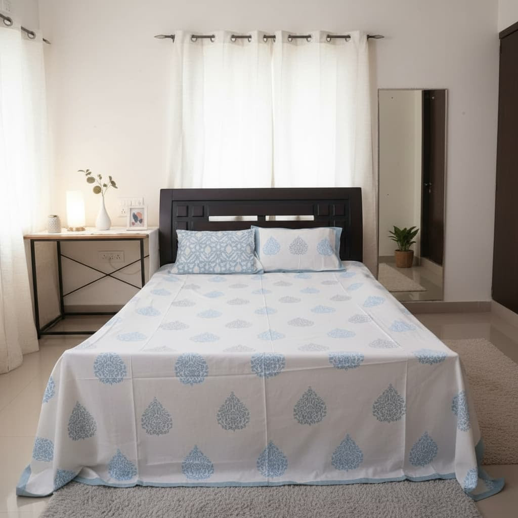 Blue and White block print bedsheet - Emenaura