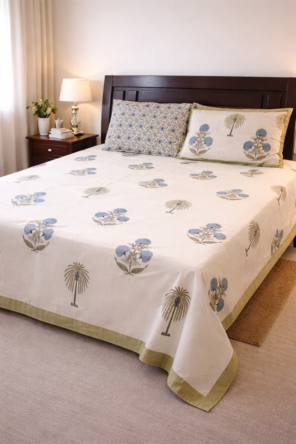 Coastal Bloom Hand Block Cotton Bedsheet - Emenaura