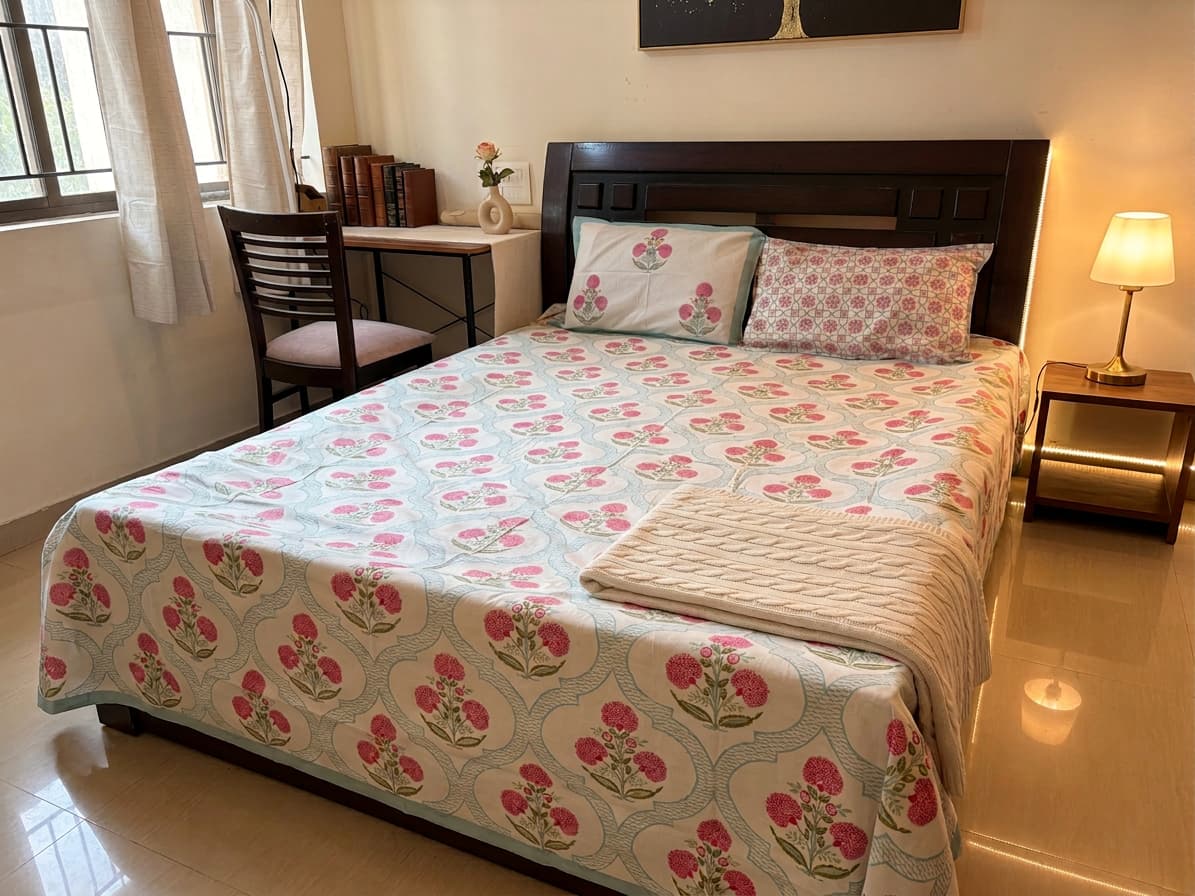Emenaura Blossom Garden cotton bedsheet with colorful floral pattern spread out on a bed, showcasing soft, breathable fabric.