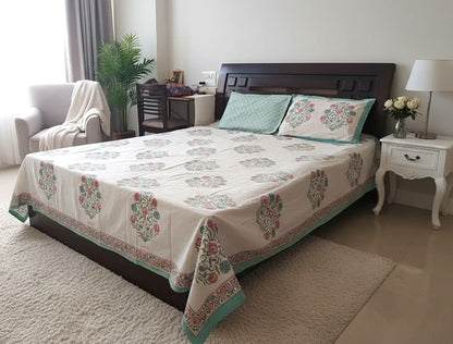Ivory Garden Hand-Block Mulmul Cotton Bedsheet - Emenaura