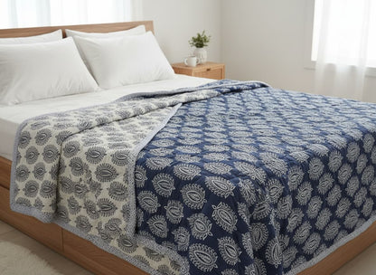 Blue & White Hand Block Cotton Quilt - Emenaura