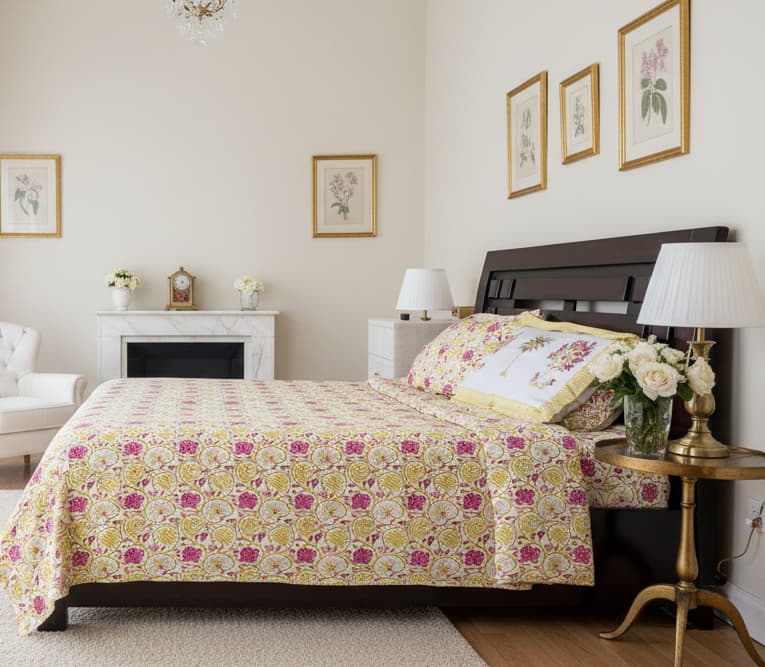 Yellow and Pink Floral Percale Cotton Bedsheet - Emenaura