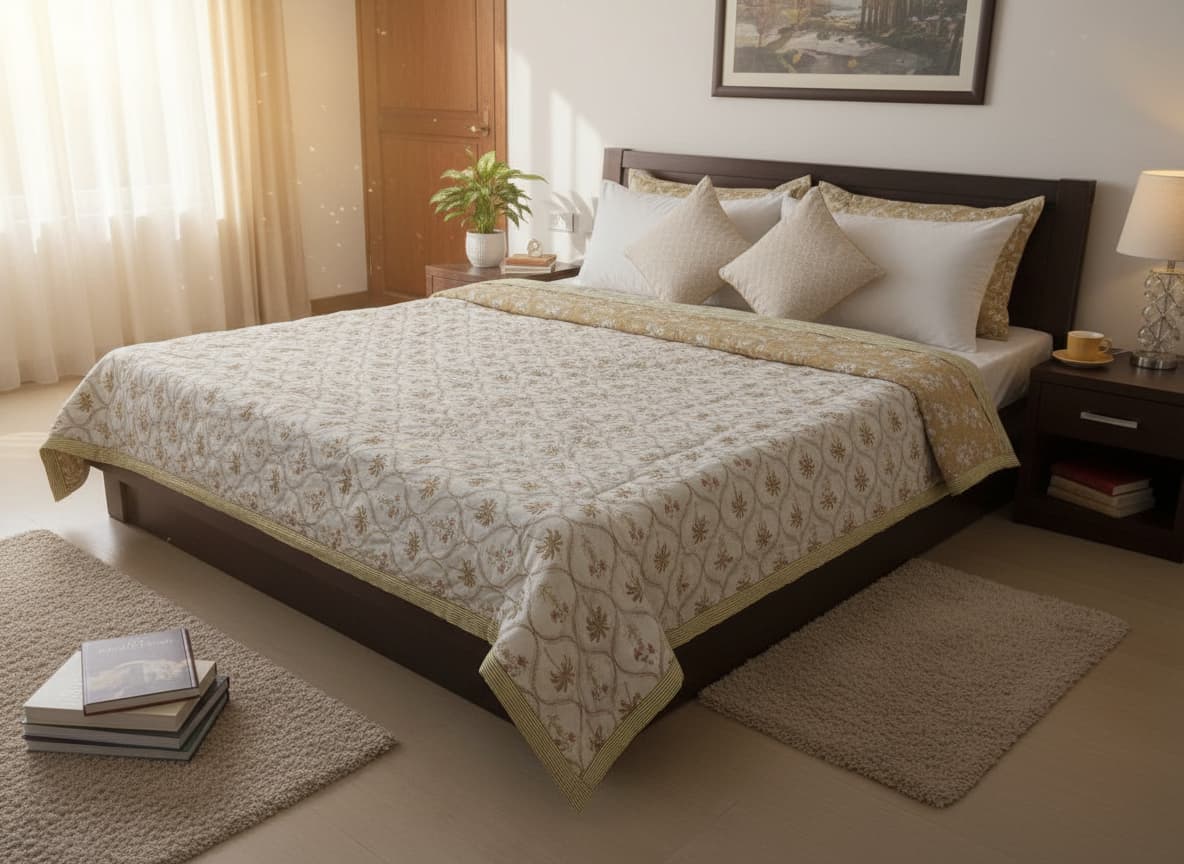 Mustard and White Floral Cotton Quilt - Emenaura