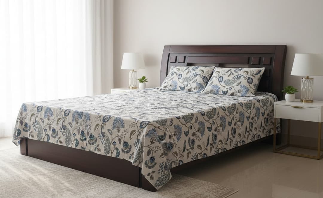 Blue Garden Cotton Bedsheet - Emenaura
