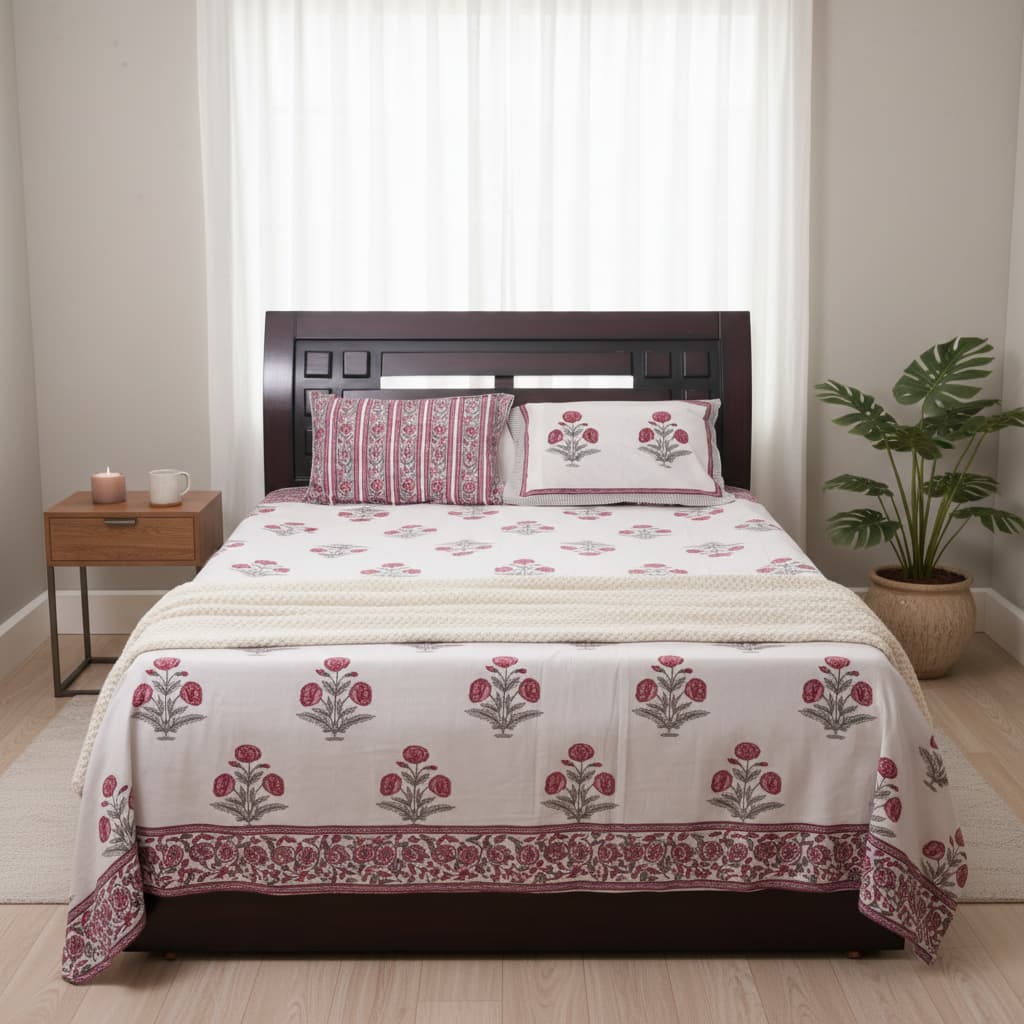 Red and White floral pattern block print bedsheet - Emenaura