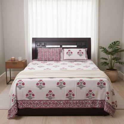 Red and White floral pattern block print bedsheet - Emenaura