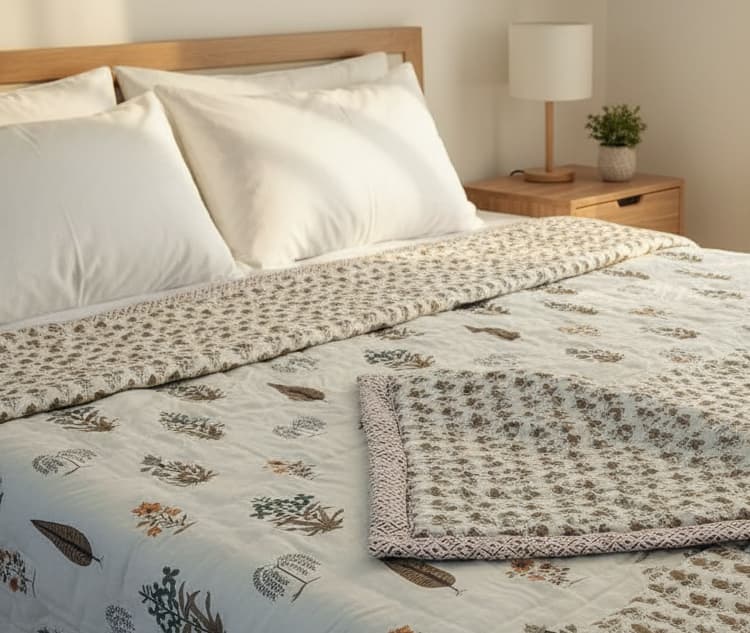 Brown & White Hand Block Cotton Quilt - Emenaura