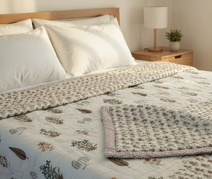 Brown & White Hand Block Cotton Quilt - Emenaura