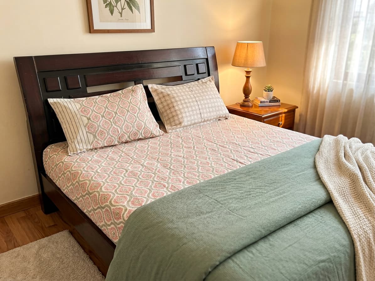 Emenaura blush cotton bedsheet set with geometric pattern, spread out on a bed, showcasing soft fabric and stylish design.