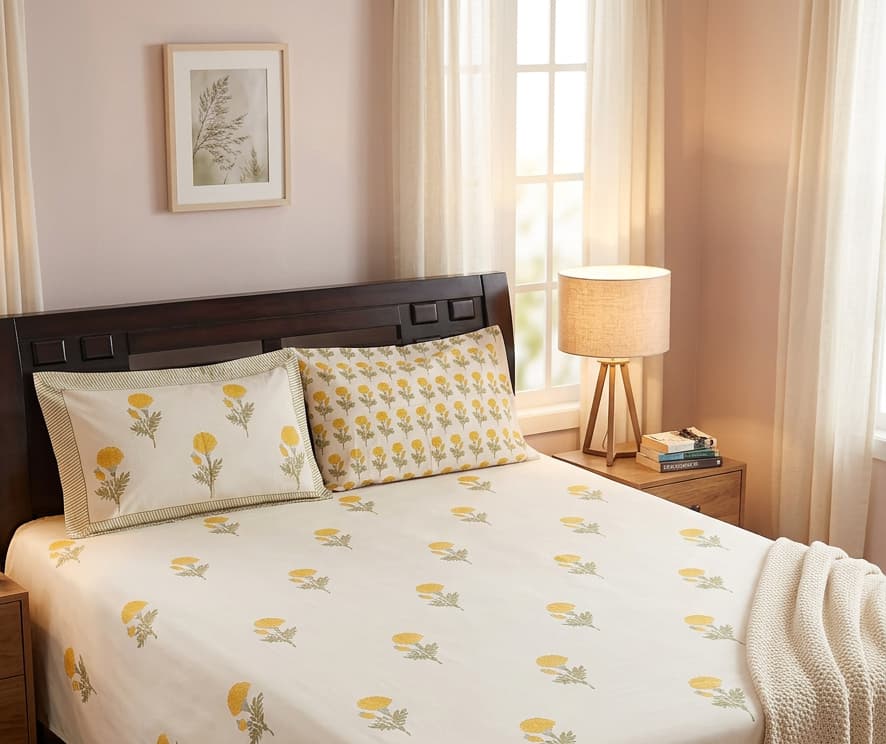 Emenaura Sunny Bloom cotton bedsheet with floral pattern spread neatly on a bed, showcasing soft, breathable fabric.