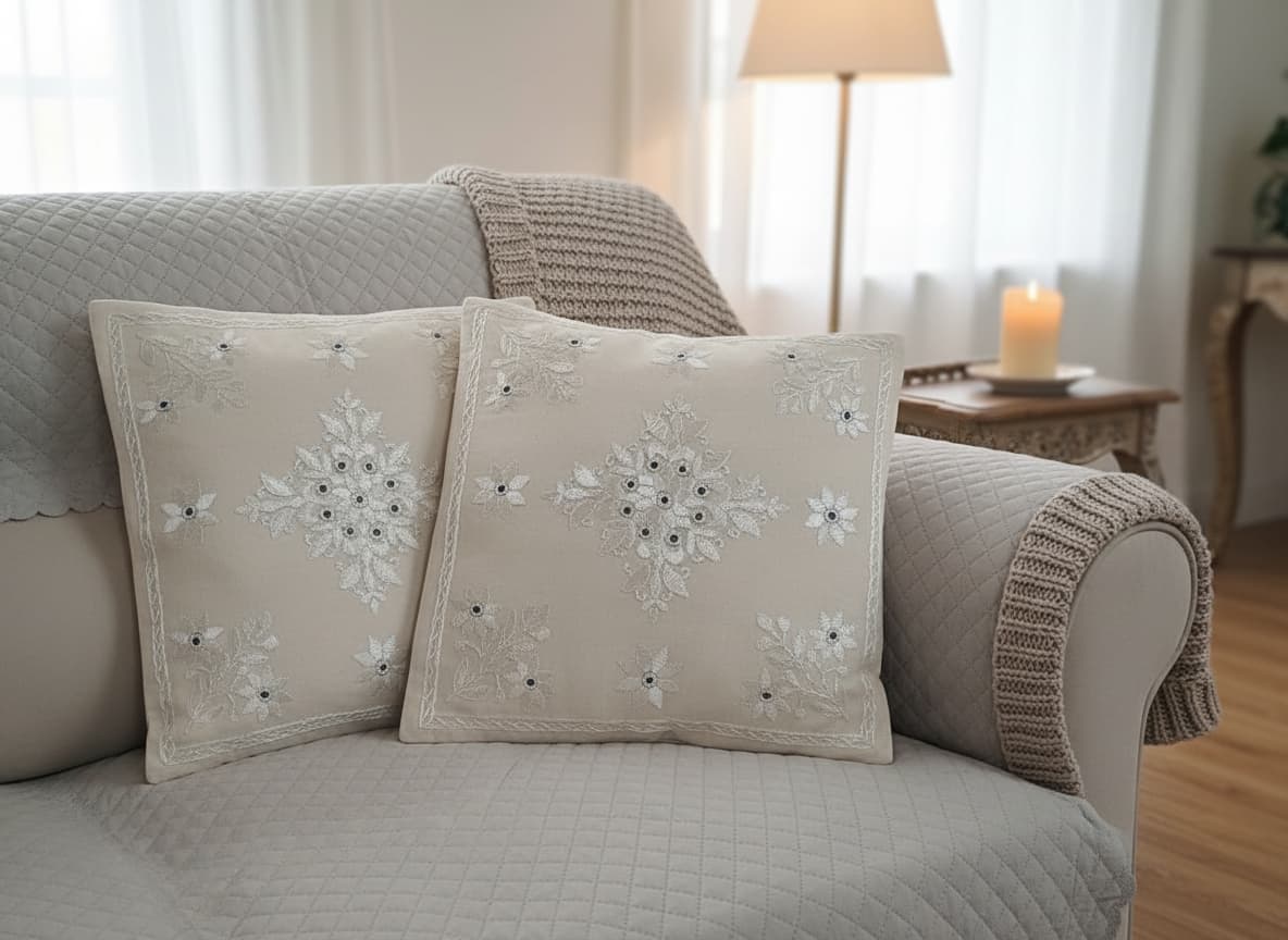 Ivory Bloom Embroidered Cotton Cushion Cover (1 Pc) - Emenaura