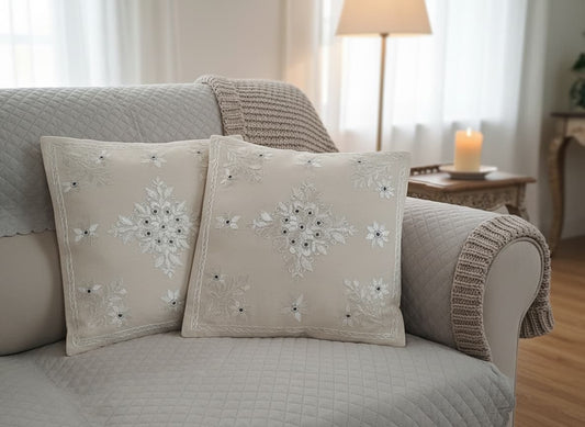 Ivory Bloom Embroidered Cotton Cushion Cover (1 Pc) - Emenaura