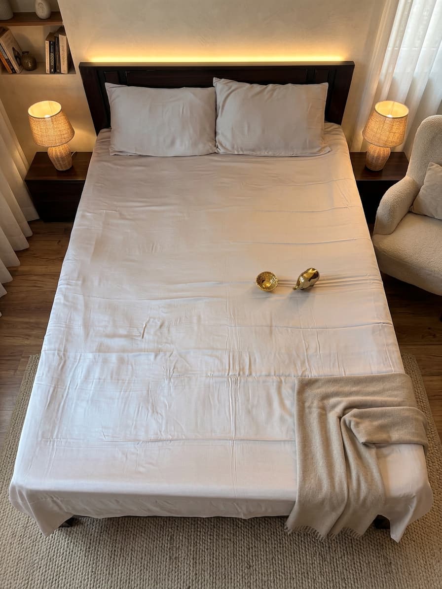 Beige bamboo bedsheet from Emenaura, upper view showing smooth, soft fabric with natural bamboo texture.