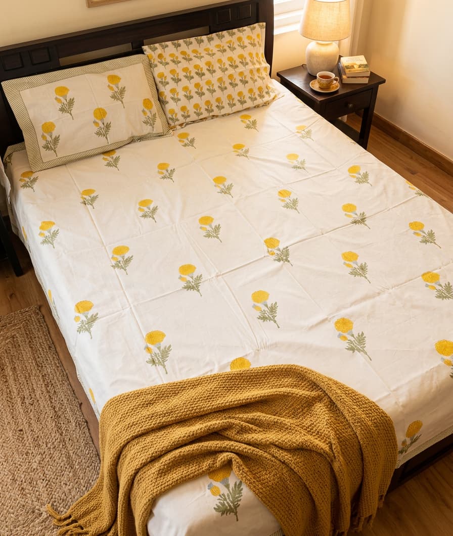 Sunny Bloom cotton bedsheet by Emenaura, featuring a vibrant floral pattern and soft, comfortable fabric, viewed from above.