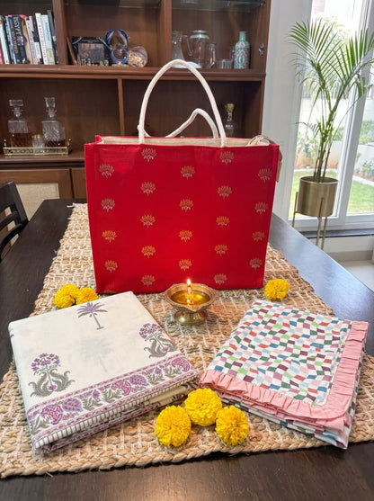 Violet percale bedsheet set and pastel table runner from Emenaura, perfect for a festive home decor.