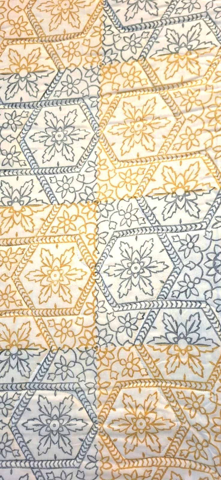 Subtle Yellow & Powder Blue Hand Block Bed Cover - Emenaura