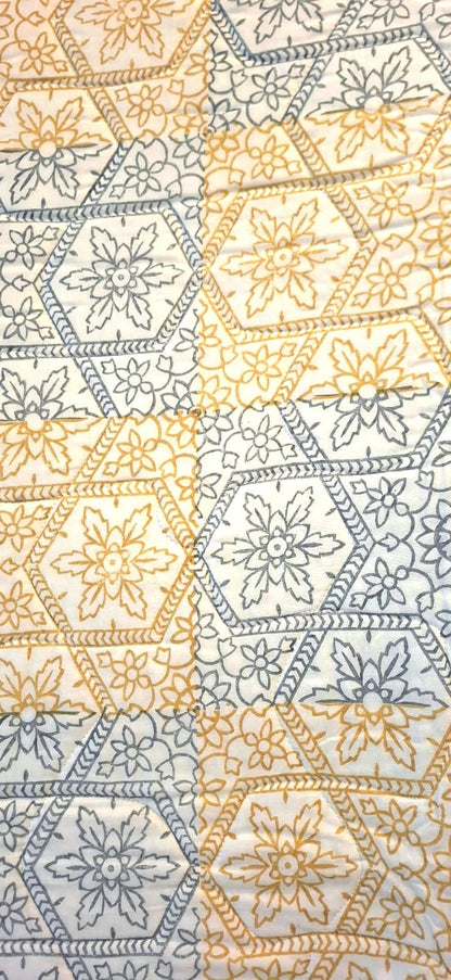 Subtle Yellow & Powder Blue Hand Block Bed Cover - Emenaura