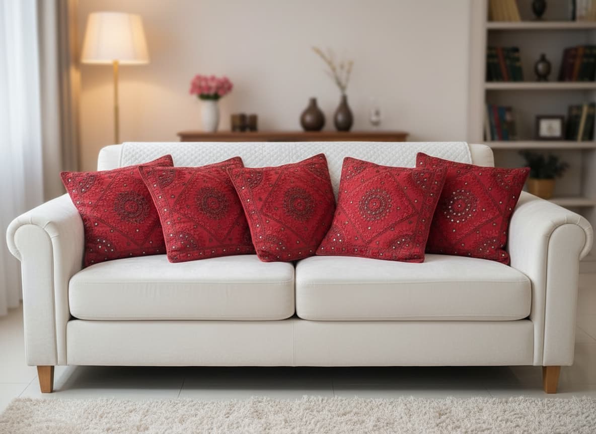 Crimson Mandala Embroidered Cotton Cushion Cover (1 Pc) - Emenaura