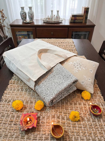 Emenaura white and grey premium cotton bedsheet set with two matching cushion covers, cozy and elegant bedroom decor.