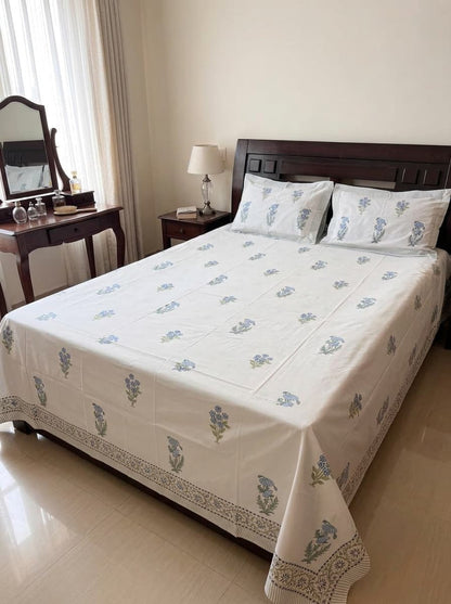 White & Blue Floral Printed Percale Cotton Bedsheet