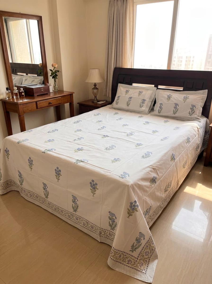 White & Blue Floral Printed Percale Cotton Bedsheet