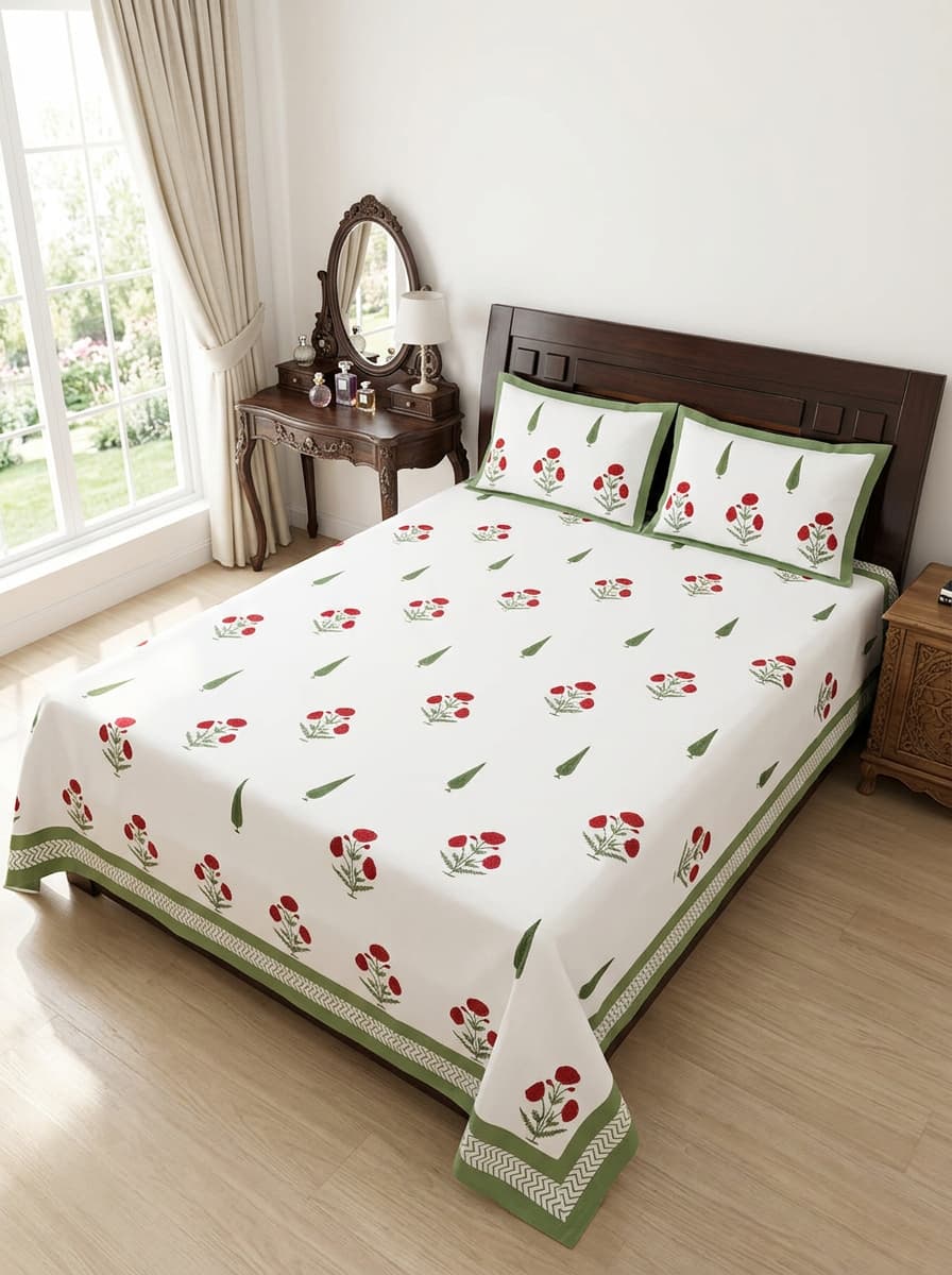 White Floral Printed Percale Cotton Bedsheet – Red & Green