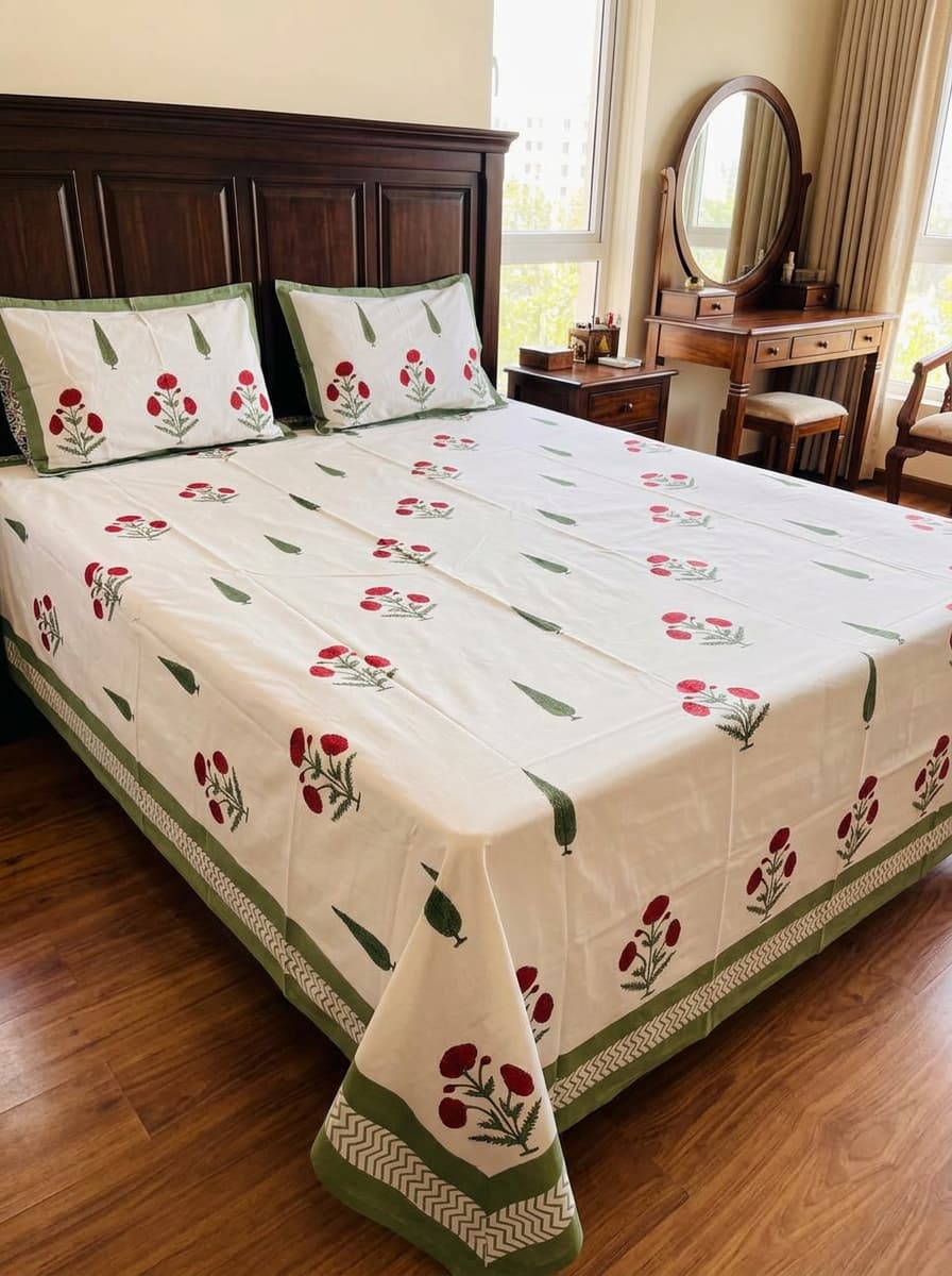 White Floral Printed Percale Cotton Bedsheet – Red & Green