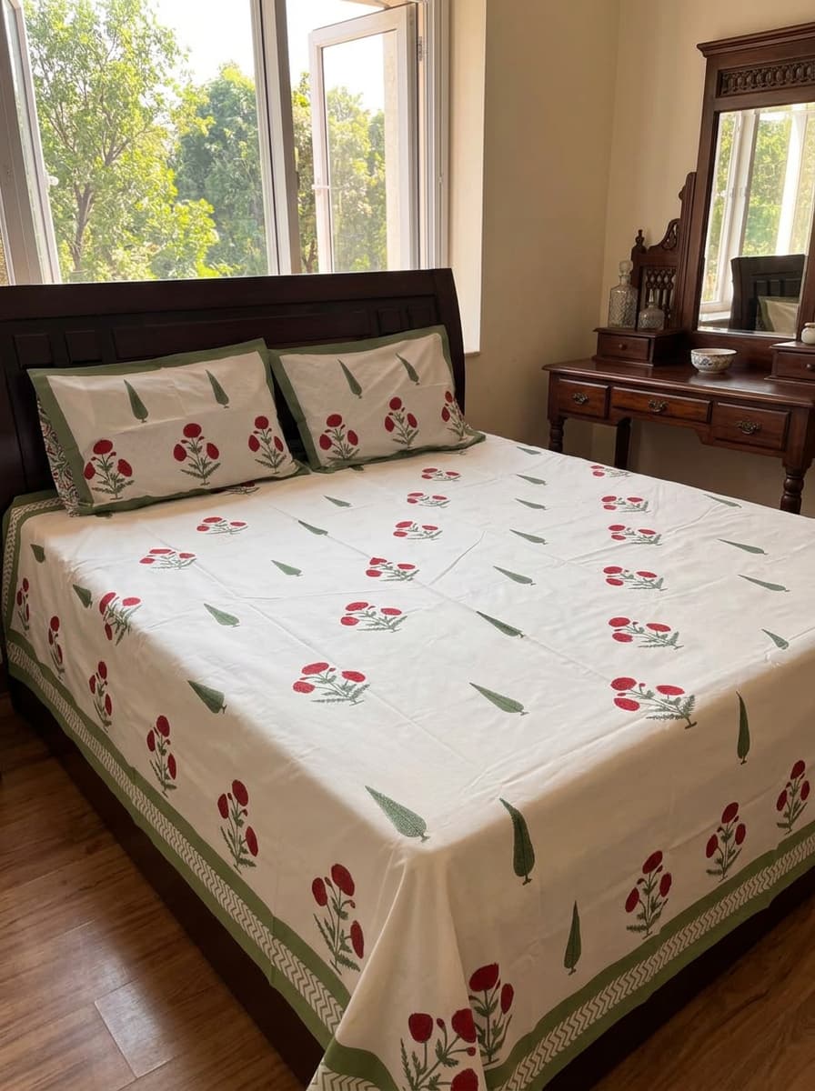 White Floral Printed Percale Cotton Bedsheet – Red & Green