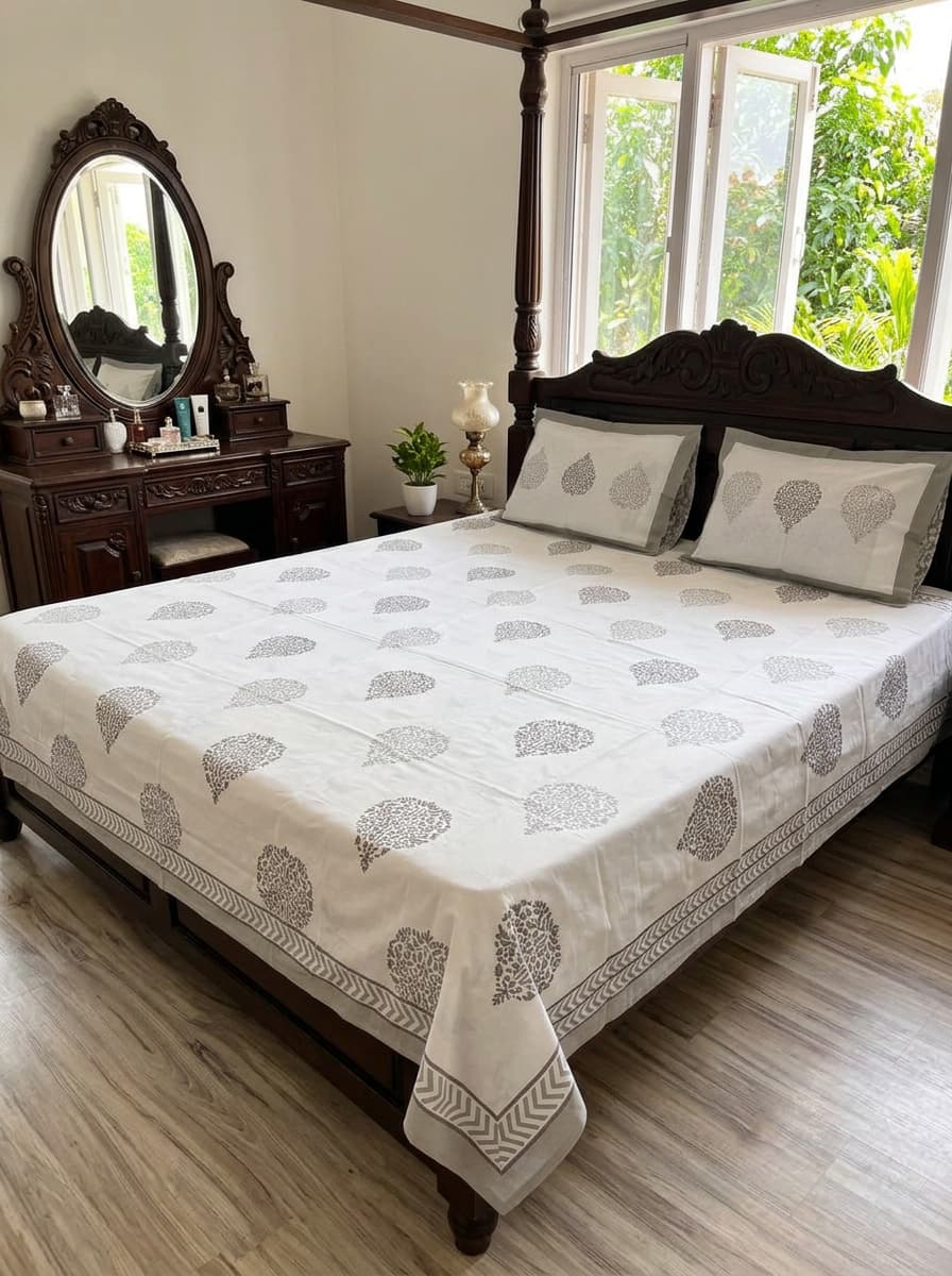 White & Grey Paisley Printed Percale Cotton Bedsheet