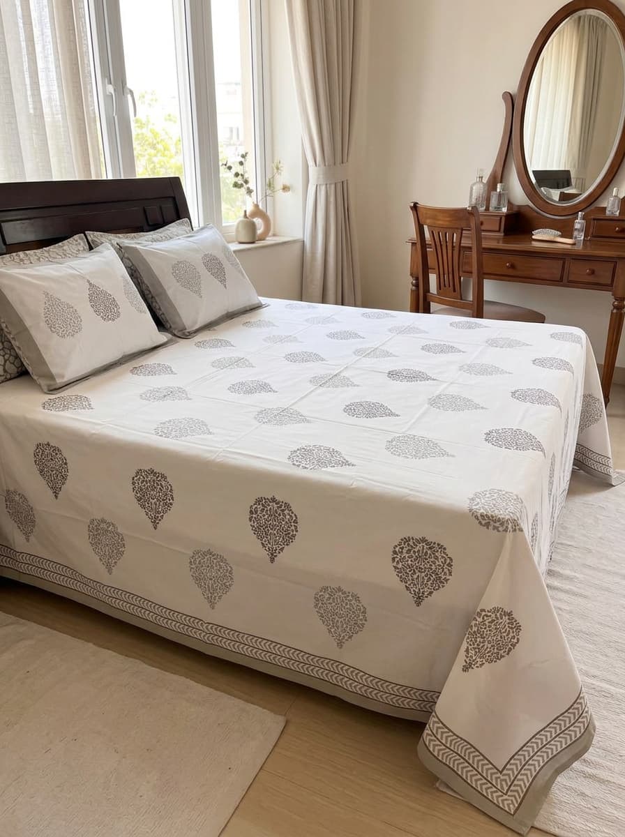 White & Grey Paisley Printed Percale Cotton Bedsheet