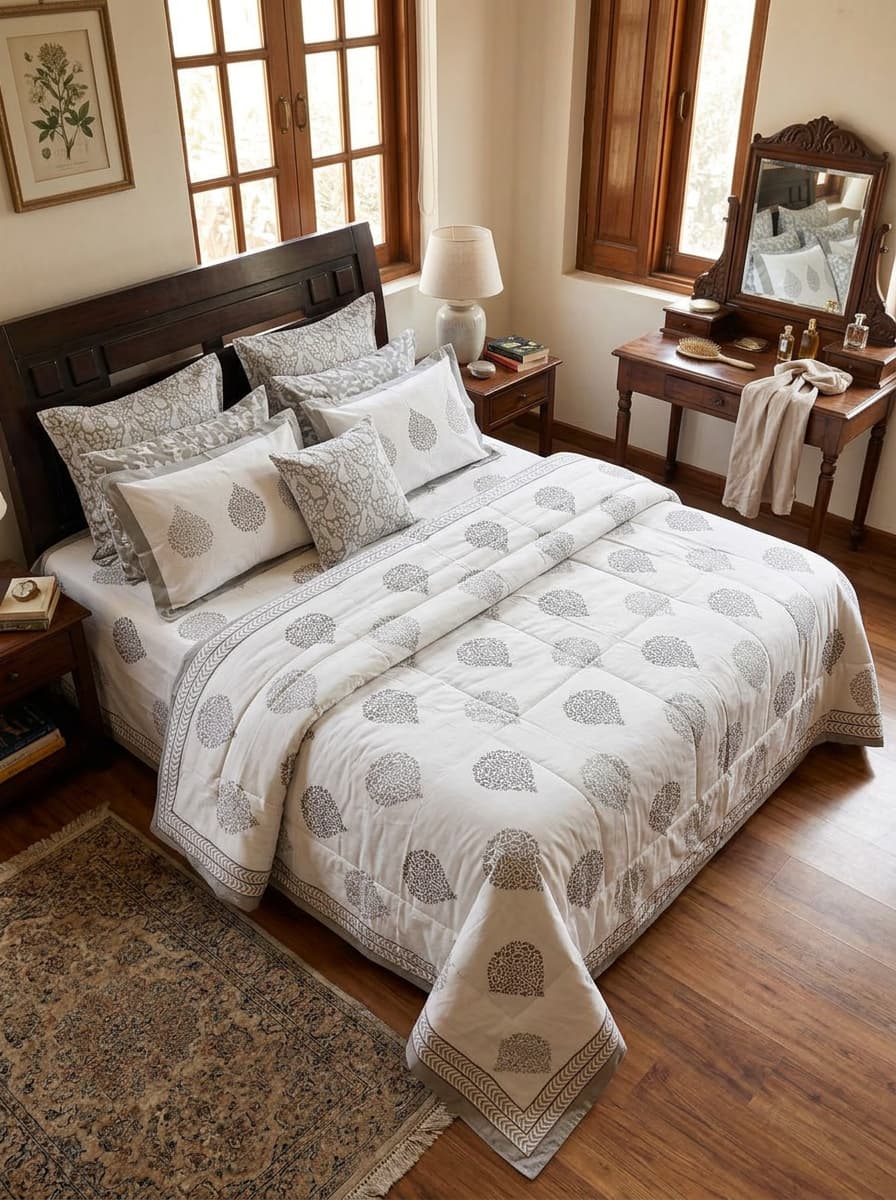 White & Grey Paisley Printed Percale Cotton Bedsheet